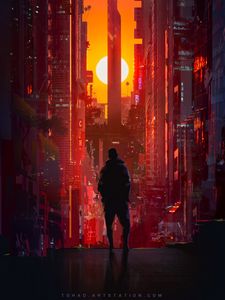 Preview wallpaper silhouette, skyscrapers, city, art, sunset
