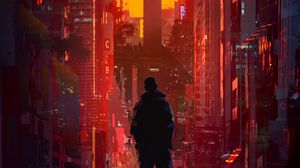 Preview wallpaper silhouette, skyscrapers, city, art, sunset