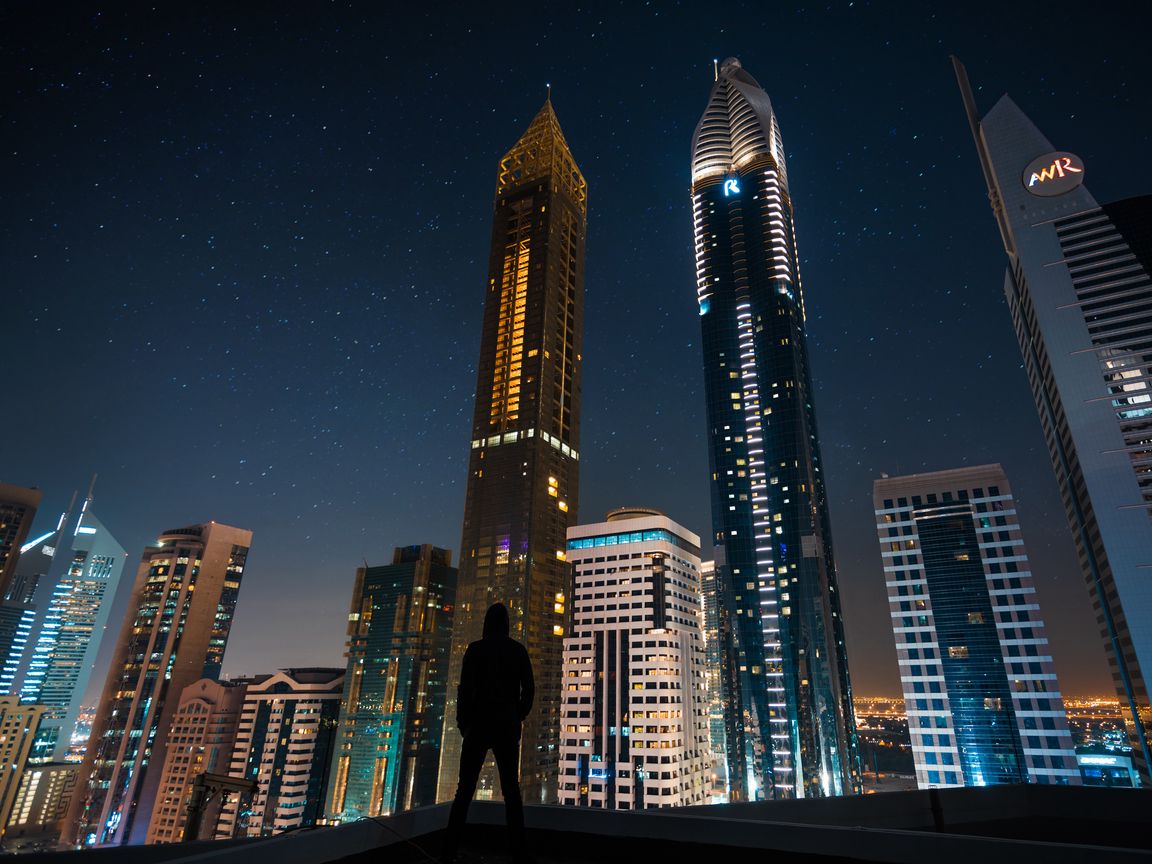 1152x864 Wallpaper silhouette, skyscrapers, night city, night, architecture, lonely, loneliness, dubai