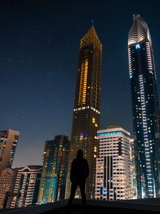 Preview wallpaper silhouette, skyscrapers, night city, night, architecture, lonely, loneliness, dubai