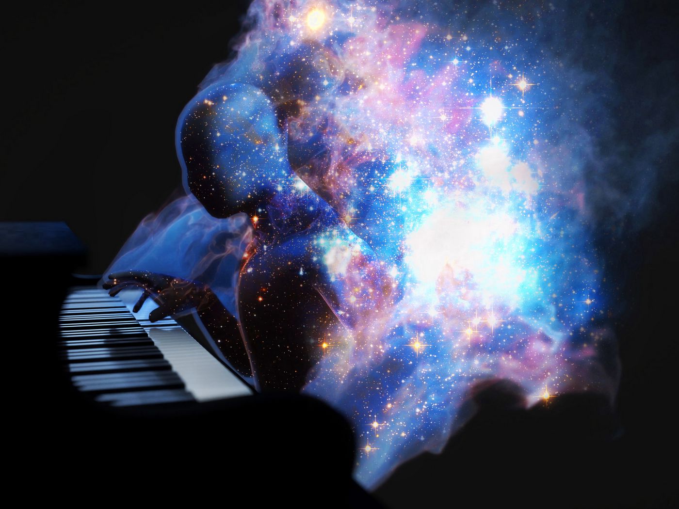1400x1050 Wallpaper silhouette, space, piano, art