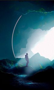 Preview wallpaper silhouette, spacesuit, cave, art