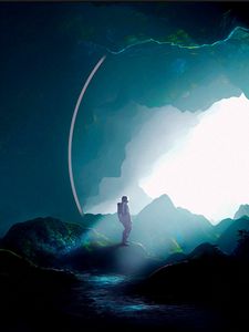 Preview wallpaper silhouette, spacesuit, cave, art