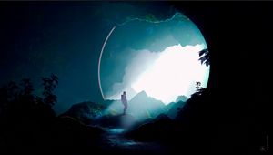 Preview wallpaper silhouette, spacesuit, cave, art