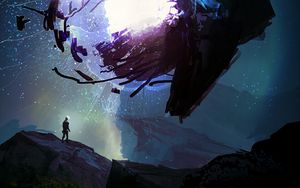 Preview wallpaper silhouette, sphere, spaceship, explosion, shards, art