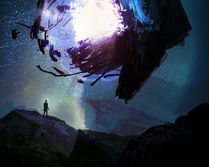Preview wallpaper silhouette, sphere, spaceship, explosion, shards, art