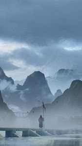 Preview wallpaper silhouette, staff, mountains, fog, art