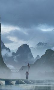 Preview wallpaper silhouette, staff, mountains, fog, art