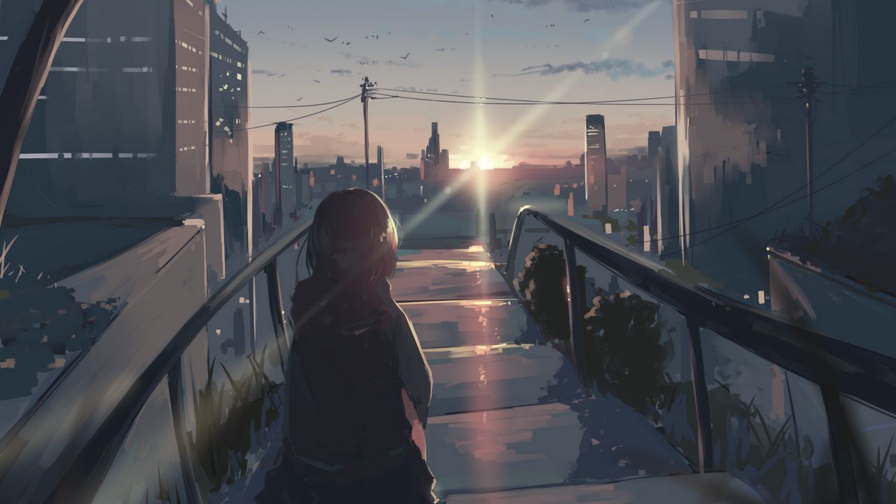 Wallpaper silhouette, stairs, sun, rays, twilight, anime