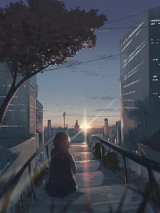 Preview wallpaper silhouette, stairs, sun, rays, twilight, anime