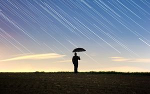 Preview wallpaper silhouette, starry sky, long exposure, movement, field