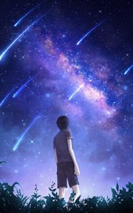 Preview wallpaper silhouette, starry sky, meteors, starfall, night, art