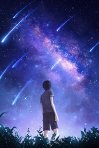 Preview wallpaper silhouette, starry sky, meteors, starfall, night, art