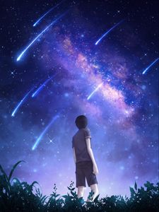 Preview wallpaper silhouette, starry sky, meteors, starfall, night, art