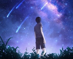 Preview wallpaper silhouette, starry sky, meteors, starfall, night, art