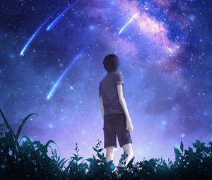 Preview wallpaper silhouette, starry sky, meteors, starfall, night, art