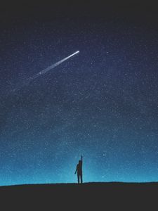 Preview wallpaper silhouette, starry sky, shooting star, night, art