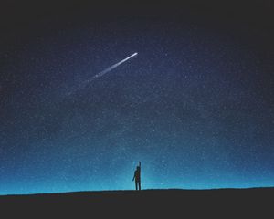 Preview wallpaper silhouette, starry sky, shooting star, night, art