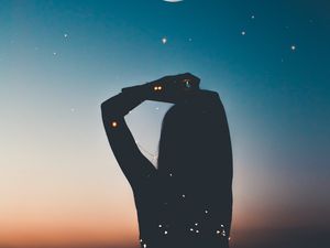 Preview wallpaper silhouette, starry sky, stars, moon, night