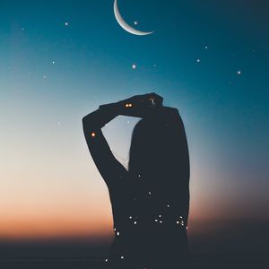 Preview wallpaper silhouette, starry sky, stars, moon, night