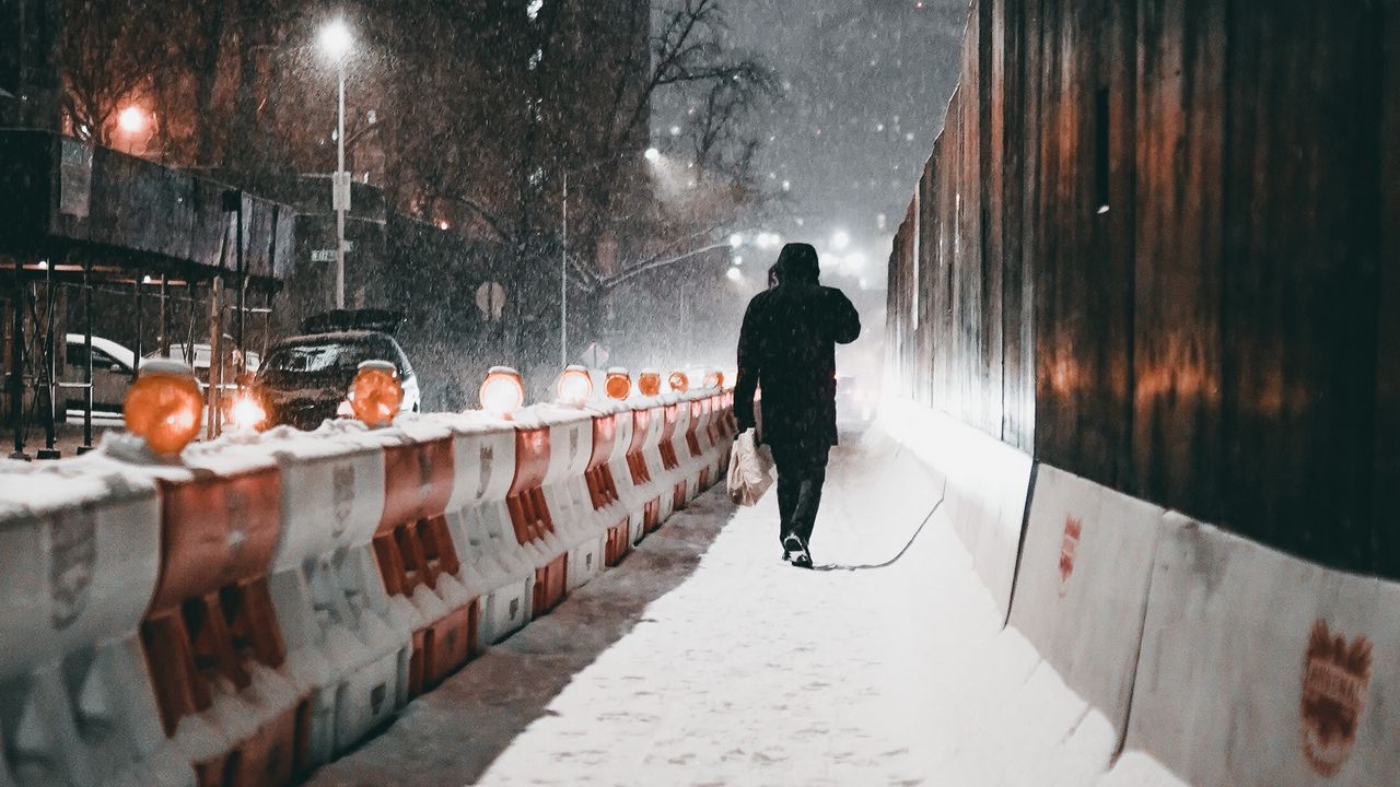 Wallpaper silhouette, street, snow, winter, blizzard
