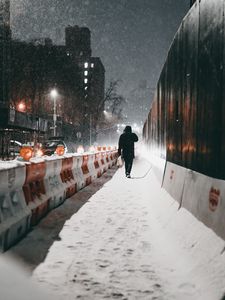Preview wallpaper silhouette, street, snow, winter, blizzard