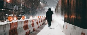 Preview wallpaper silhouette, street, snow, winter, blizzard