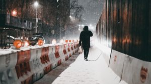 Preview wallpaper silhouette, street, snow, winter, blizzard