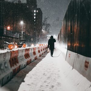 Preview wallpaper silhouette, street, snow, winter, blizzard