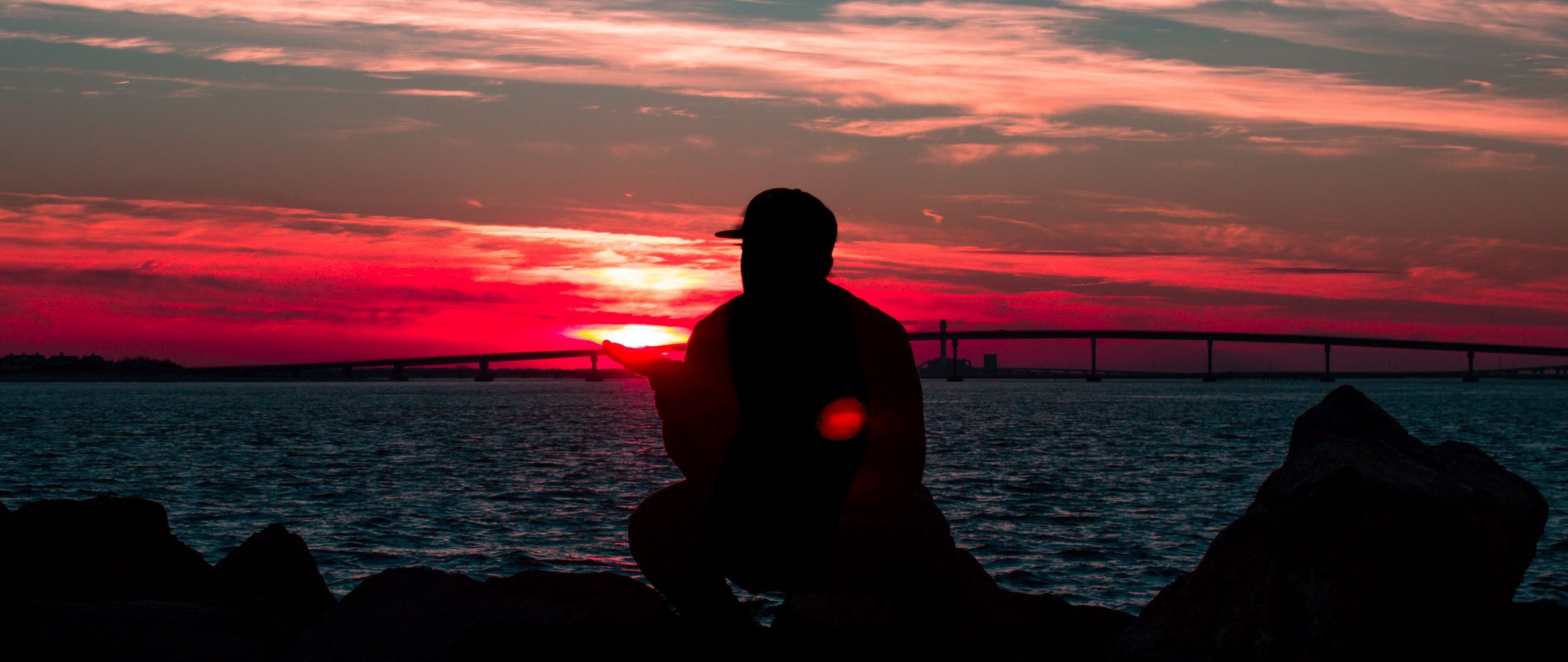 Download wallpaper 2560x1080 silhouette, sunset, night, sky, solitude