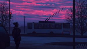 Preview wallpaper silhouette, sunset, transport, art, city, street, clouds