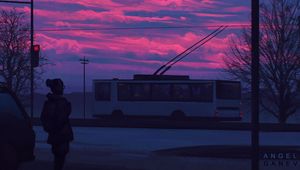 Preview wallpaper silhouette, sunset, transport, art, city, street, clouds