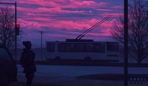 Preview wallpaper silhouette, sunset, transport, art, city, street, clouds