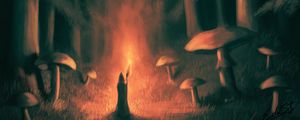 Preview wallpaper silhouette, torch, fire, mushrooms, forest, art