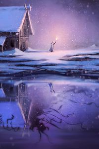 Preview wallpaper silhouette, torch, night, snow, art