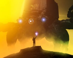 Preview wallpaper silhouette, torch, robot, fog, fantasy