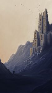 Preview wallpaper silhouette, traveler, castle, rocks, art
