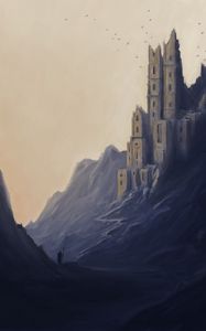 Preview wallpaper silhouette, traveler, castle, rocks, art