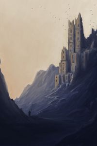 Preview wallpaper silhouette, traveler, castle, rocks, art