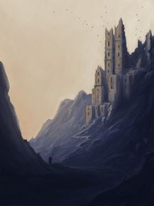 Preview wallpaper silhouette, traveler, castle, rocks, art