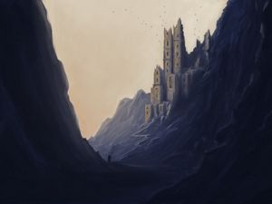 Preview wallpaper silhouette, traveler, castle, rocks, art