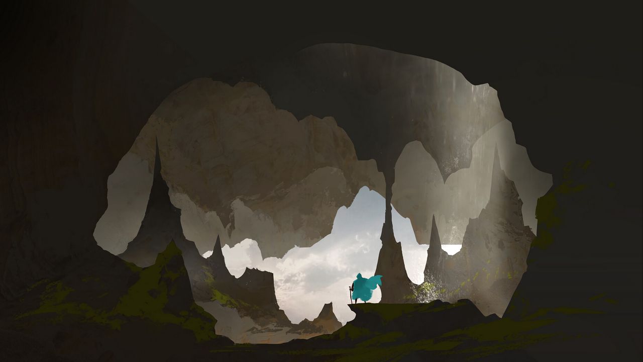 Wallpaper silhouette, traveler, rocks, cave, art