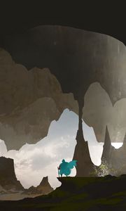 Preview wallpaper silhouette, traveler, rocks, cave, art