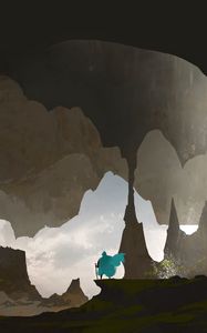 Preview wallpaper silhouette, traveler, rocks, cave, art