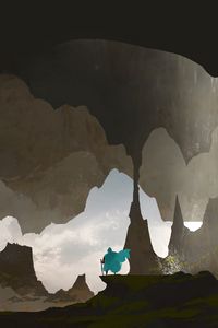 Preview wallpaper silhouette, traveler, rocks, cave, art