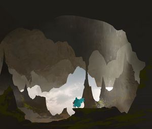 Preview wallpaper silhouette, traveler, rocks, cave, art