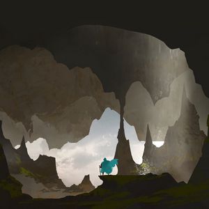 Preview wallpaper silhouette, traveler, rocks, cave, art