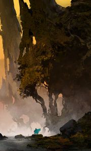 Preview wallpaper silhouette, traveler, trees, rocks, art
