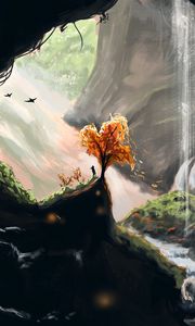 Preview wallpaper silhouette, tree, waterfall, cave, art