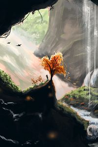 Preview wallpaper silhouette, tree, waterfall, cave, art